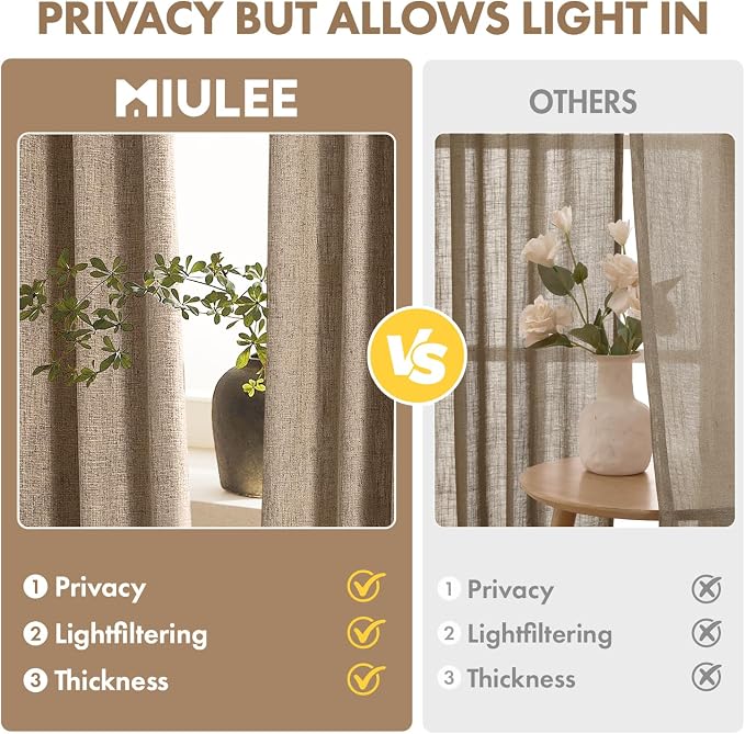MIULEE Thick Linen Curtains, 42Wx72L, Brown Tan Semi Sheer Linen Textured | Light Filtering Window Privacy Drapes with Back Tab Rod Pocket for Farmhouse/Living Room/Bedroom, Set of 2