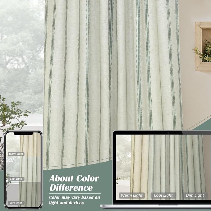 DriftAway Farmhouse Stripe Blackout Curtains, W52xL96, Loden Green | Blackout, Linen Texture, Stripe Pattern, Rod Pocket & Back Tab, Two Layers, Bedroom Living Room Use, Sound Reducing Design