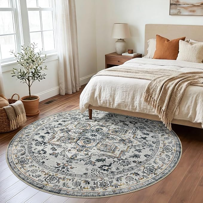 Joydeco Washable Area Rug, 6ft Round Rugs for Living Room,Non Slip Machine Washable Vintage Rug, Low Pile Thin Chenille Print Rugs for Bedroom, Dining Room, White&Light Gray&Dark Gray