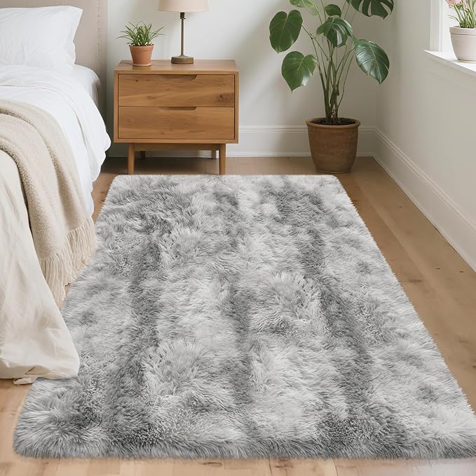 Soft Plush Fluffy Grey Rugs for Bedroom Living Room Carpet 3x5 Fuzzy Shaggy Area Rug Light Grey Tie Dye Kids Rug for Nursery Girls Room Teen Dorm Classroom Playroom Home Decor