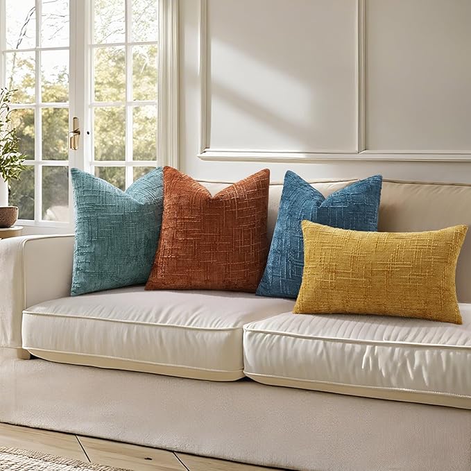 decorUhome Textured Chenille Throw Pillow Covers 16x16 Set of 2 Navy Blue | Fall Modern Farmhouse Soft Cozy Slubby Couch Pillow Cases Boho Decorative Pillow Cases for Bed Sofa Living Room Home Decor