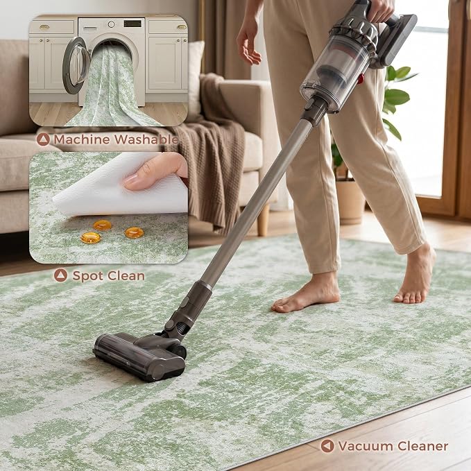 DMOYEST 10x14 Washable Area Rug: Abstract Modern Non-Slip Carpet, Soft Low Pile Indoor Neutral Easy Clean Floor Rugs for Living Room Bedroom Dining Room Kids & Pets - Green