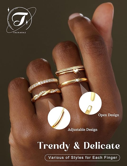 THUNARAZ Gold Stackable Rings for Women Non Tarnish Open Adjustable 14K Gold Plated Rings Trendy Stack Cubic Zirconia Thin Thumb Ring Set Minimalist Dainty Statement Band Ring