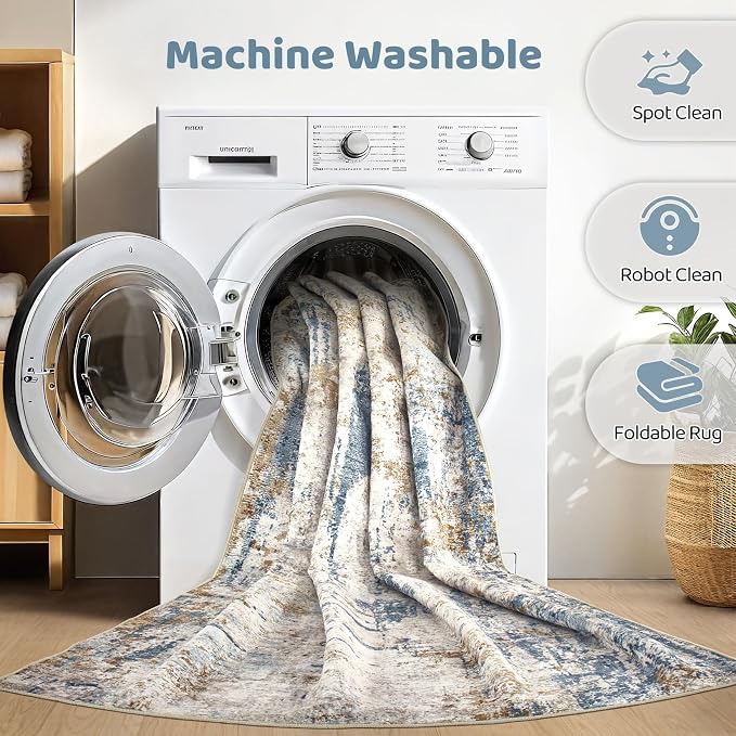 Runner Rug Kitchen Washable Rugs: 3x8 Non-Slip Abstract Soft Modern Stain Resistant Indoor Floor Neutral Accent Throw Carpet for Hallway Bathroom Laundry Room Entryway Bedroom- Blue Tan