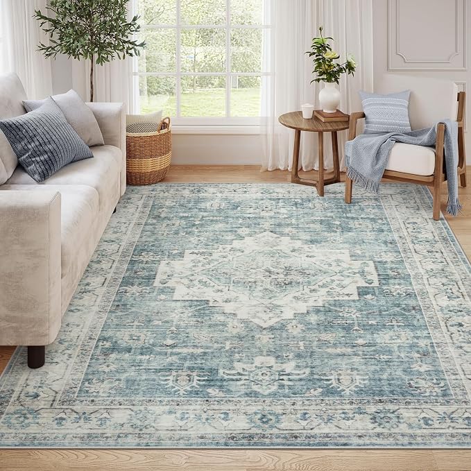 LIVEBOX Washable Area Rug 6x9 Rugs for Living Room Dining Room Under Table, Non-Slip Boho Indoor Carpet for Bedroom, Low-Pile Farmhouse Soft Carpets for Nursery Room Playroom, Blue