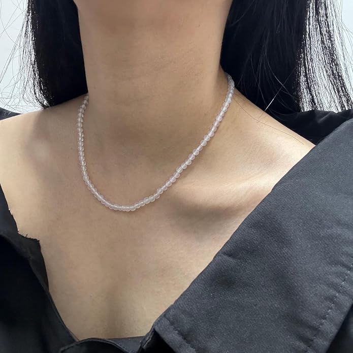 Kakikaki Natural Agate Choker Necklace Sterling Silver Round Beads Strand Necklace for Women