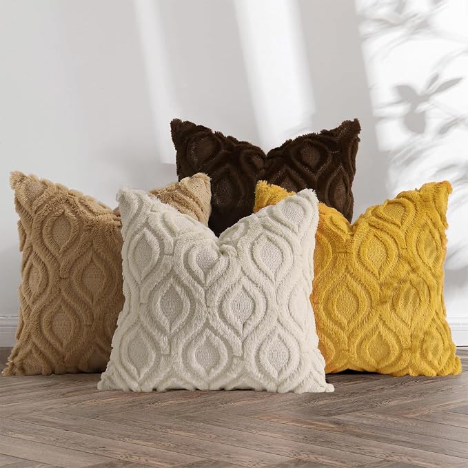 decorUhome Beige Yellow Faux Fur Soft Throw Pillow Covers 18x18 Set of 4 | Fall Neutral Decorative Plush Couch Pillow Covers, Accent Modern Farmhouse Neutral Pillow Cases for Sofa Bed Living Room