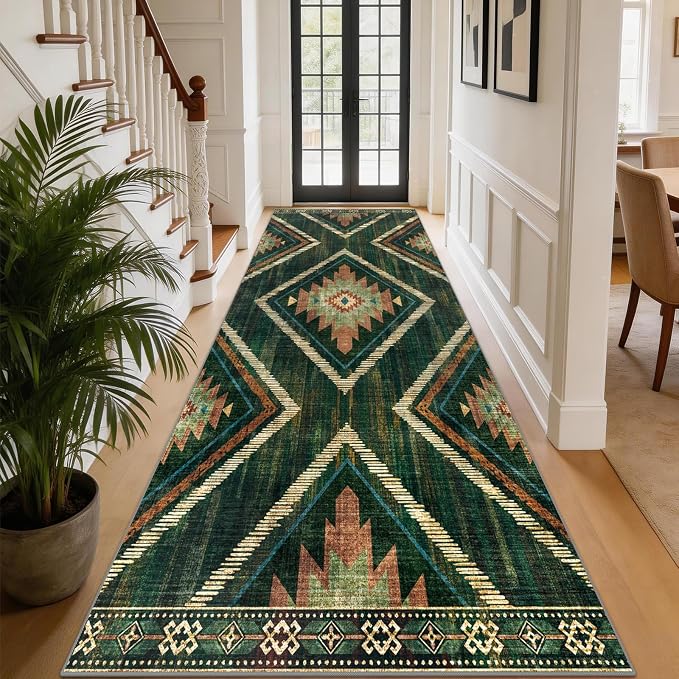 Boho 4x10Ft Area Rugs Runners for Hallway Non Slip, Green Geometric Washable Kitchen Rug Runner Non Shedding, Soft Moroccan Entryway Floor Carpets for Entrance Doorway Office Decor