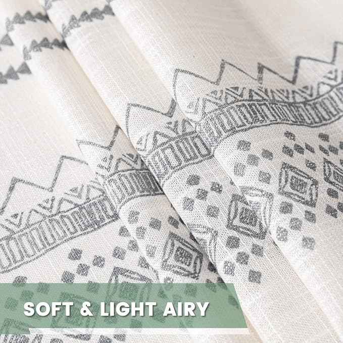 MEETSKY Light Filtering Curtains 95 Inches Long Boho Cotton Curtains for Dining Room Bohemian Geometric Printed Linen Style Burlap Effect Modern Back Tab Window Drapes for Home