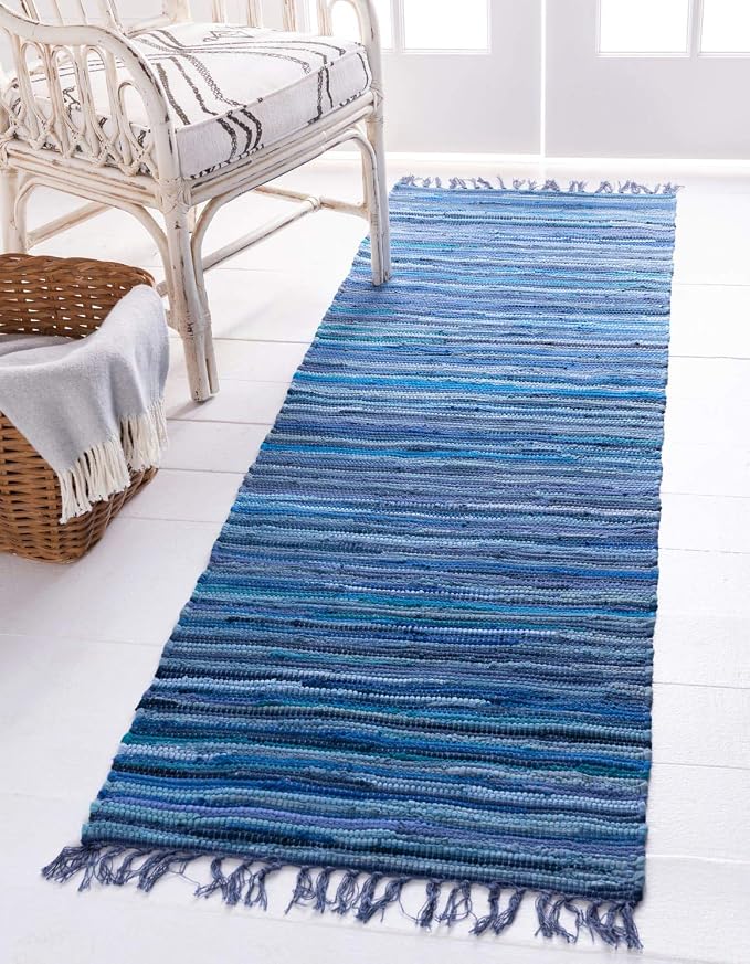 Unique Loom Chindi Cotton Collection Soft Hand Woven Natural Fiber Striped Area Rug, 2 ft 2 in x 6 ft 7 in, Navy Blue/Ivory