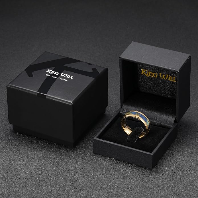 King Will Black Tungsten Wedding Band For Men, 8mm Promise Ring Inlay Red Twill Pattern/Colorful Wood Chips, High Polished Beveled Edge - Suitable For Daily Wear, Comfort Fit Size 7-14