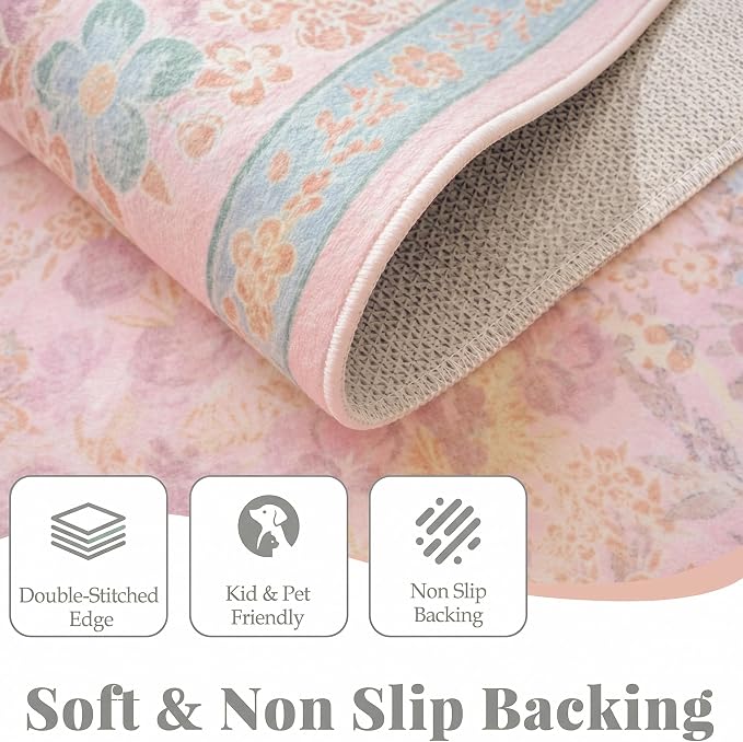Boho Light Pink Bedside 3x5 Washable Rug for Bedroom, Thin Botanical Vintage Area Rug for Large Entry, Dorm, Kitchen, Foyer, Mudroom, Laundry - Cottage Core Low Pile Non Slip Indoor Front Door Carpet