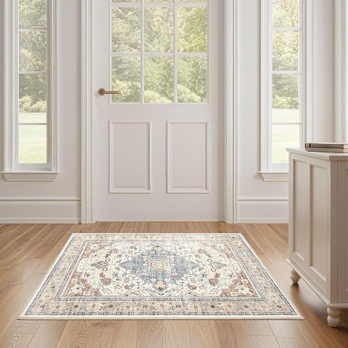2x3 Rug Small Area Rugs: Washable Boho Neutral Vintage Soft Indoor Floor Oriental Carpet Farmhouse Distressed Low Pile Non Slip Throw Carpet for Kitchen Entryway Bedroom Nursery Entry- Beige Blue