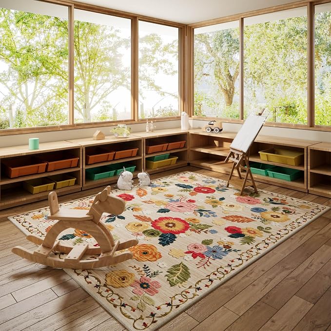 9x12 Area Rug for Living Room: Washable Rug Non Slip Low Pile Soft Faux Wool Non Shedding Distressed Vintage Floral Large Area Rugs for Bedroom Dining Room Kitchen Nursery Under Table Farmhouse Office