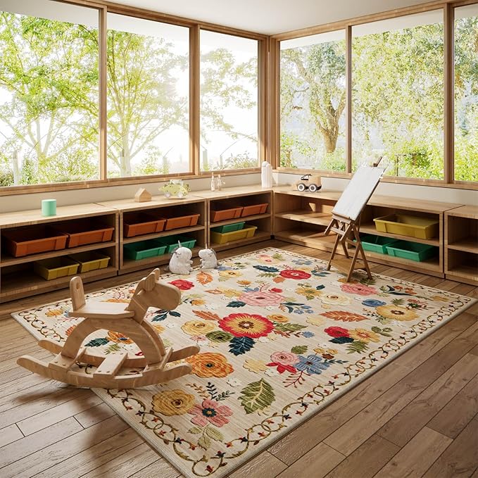 8x10 Area Rugs for Living Room: Washable Rug Non Slip Low Pile Soft Faux Wool Non Shedding Distressed Vintage Floral Large Area Rugs for Bedroom Dining Room Nursery Under Table Farmhouse Home Office