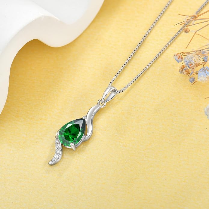 JO WISDOM Birthstone Necklace for Women Teardrop Cubic Zirconia Necklace 925 Sterling Silver Fine Jewelry Birthday Gifts for Women