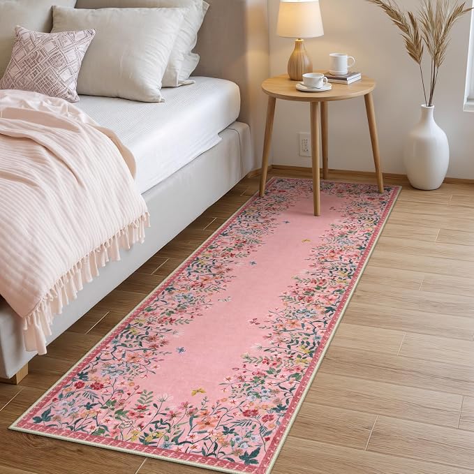 Wonnitar 2x6 Washable Runner Rug, Pink Floral Hallway Runner, Boho Kitchen Runner Rug, Non Slip Soft Bathroom Rug, Low Pile Bedroom Bedside Laundry Decor (2x6 Pink)