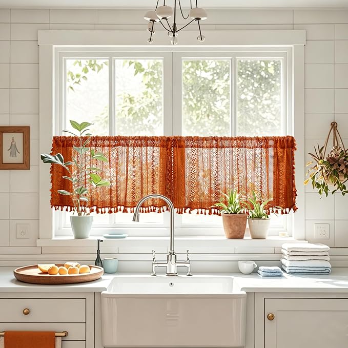 Sutuo Home Terracotta Boho Short Curtains for Kitchen Window Curtains Over Sink, Burnt Orange Crochet Privacy Farmhouse Lace Sheer Vintage Tassels Retro Halloween Rod Pocket,2 Panels 50" W x 18" L