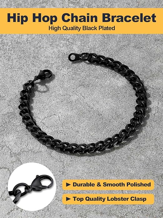 U7 Link Bracelets for Men, Cuban Link/Rope/Watch Band Solid Bracelet, Silver Black Gold Color Wrist Bracelet 3/6/9/12/15mm Width, 6.5/7.5/8.3 Inch Length, Hand Chain Jewelry for Mens Women