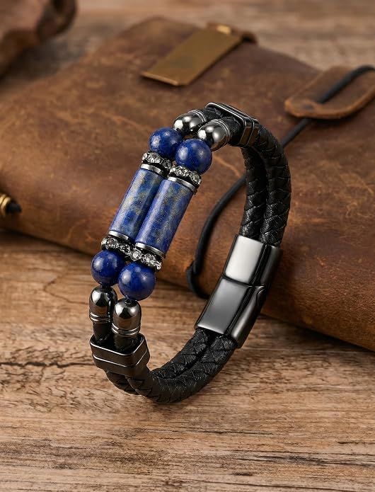 Mens Leather Turquoise/Tiger Eye/Obsidian/Lava Stone Bracelet–Braided Multi‑Layer Wristband Cuff Bangle Barcelet–Jewelry Box and Pouch Packing