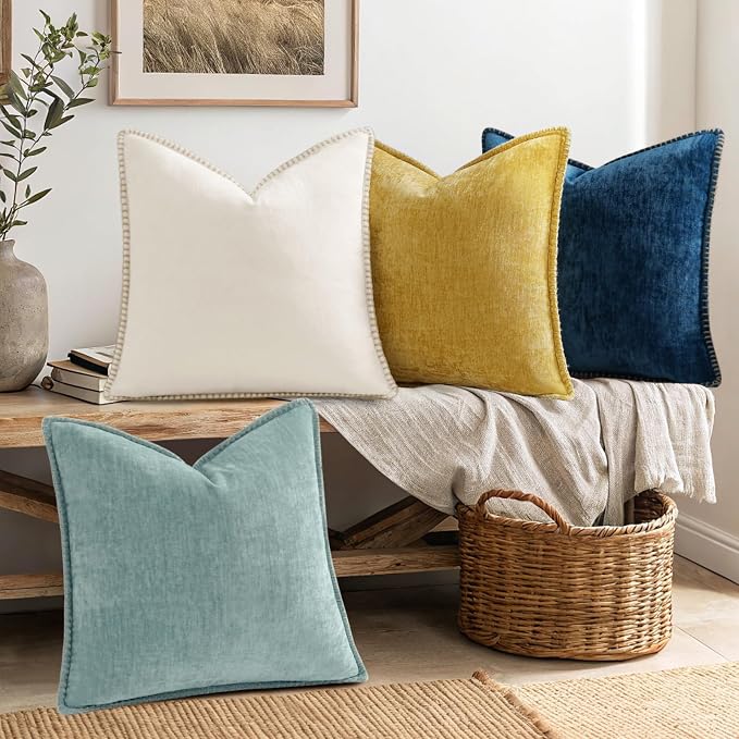 decorUhome Fall Soft Decorative Chenille Throw Pillow Covers 16x16 Set of 4 | Aqua Blue Cozy Decorative Modern Farmhouse Neutral Pillow Cases with Stitched Edge for Couch Sofa Bed Living Room Home Decor
