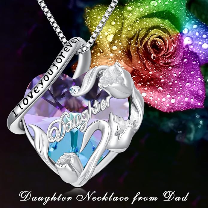 PROESS S925 Sterling Silver Daughter Heart Pendant Necklace from Dad Mom I Love You Forever Jewelry