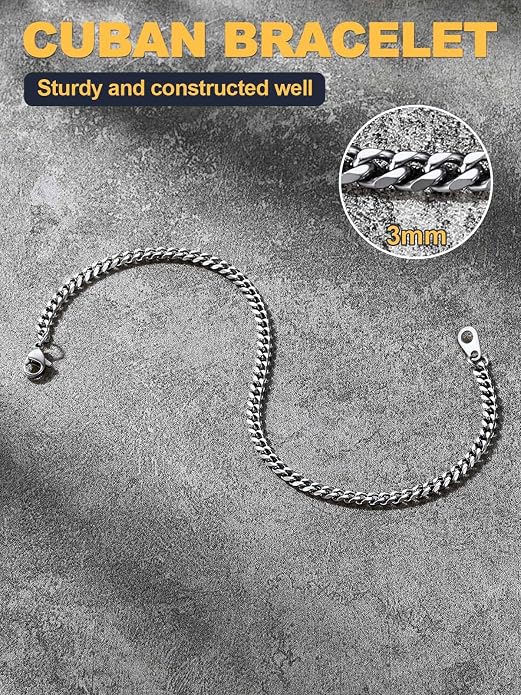 U7 Link Bracelets for Men, Cuban Link/Rope/Watch Band Solid Bracelet, Silver Black Gold Color Wrist Bracelet 3/6/9/12/15mm Width, 6.5/7.5/8.3 Inch Length, Hand Chain Jewelry for Mens Women