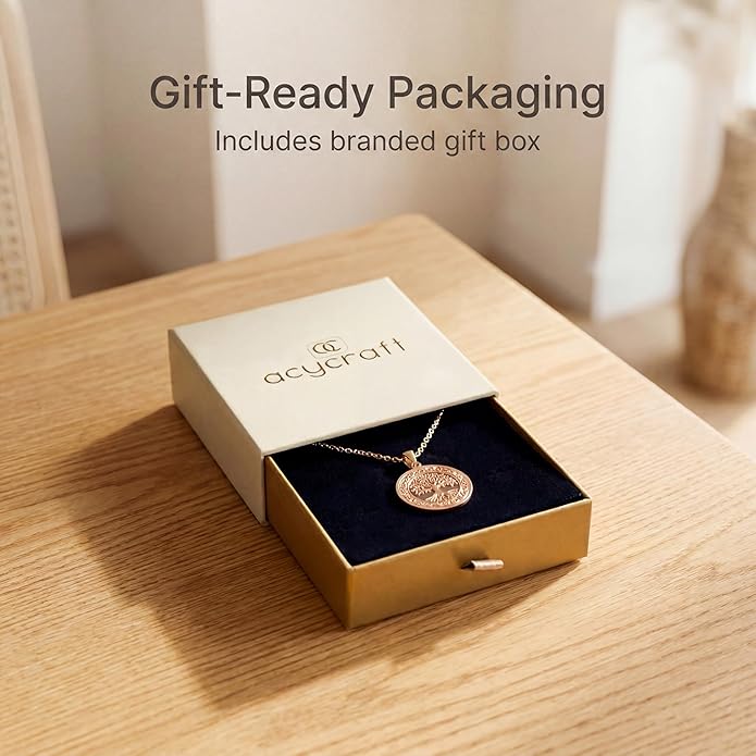 Tree of Life Pure Copper Pendant Necklace, Engraved Round Medallion (1.2”), 20.5” Stainless Steel Chain, Gift-Boxed | Aspendos