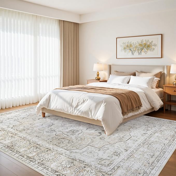 9x12 Area Rugs for Living Room:Beige Washable Vintage Medallion Carpet Non-Slip Soft Low Pile Large Rugs Indoor Retro Rug for Bedroom Nursery Dining Table Office Home(Beige White, 9'x12')