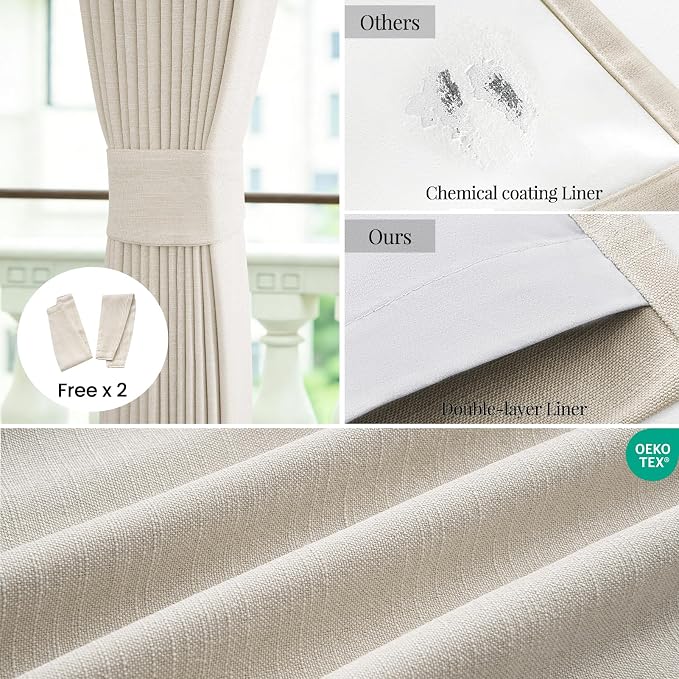 Topfinel 84 Inch Long Natural Linen Blackout Linen Curtains, 100% Blackout Light Blocking Pinch Pleated Back Tab Panels for Sliding Door, Minimalist Viral Drapes for Living Room, Cream Beige 52"W*84"L