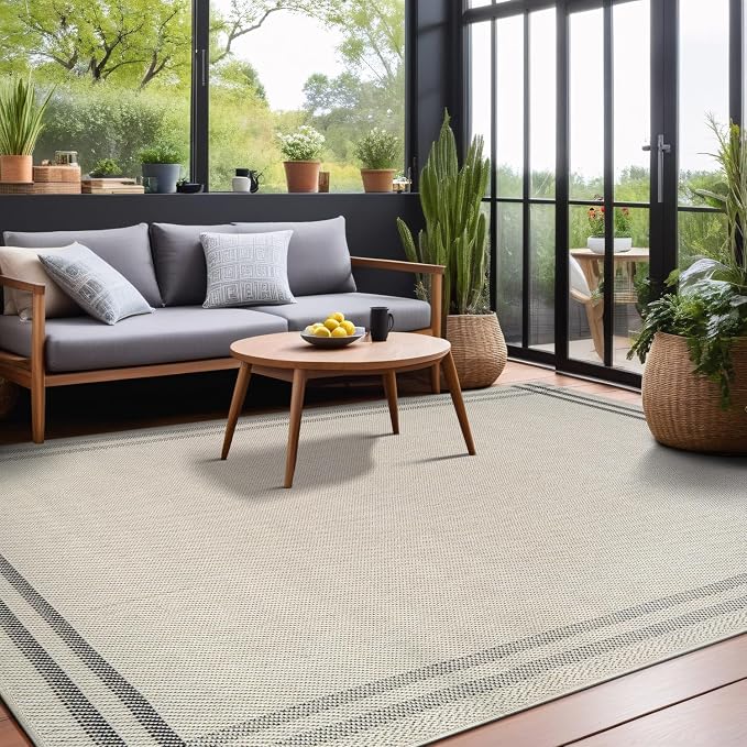 Luul Home Easy Jute Rugs 4x6 Bordered Bone Color Living Room Indoor Outdoor Area Rug for Patio and Kitchen Rug High Traffic Washable Easy to Clean Solid Boho Woven Design Outside Carpet (4 x 6)