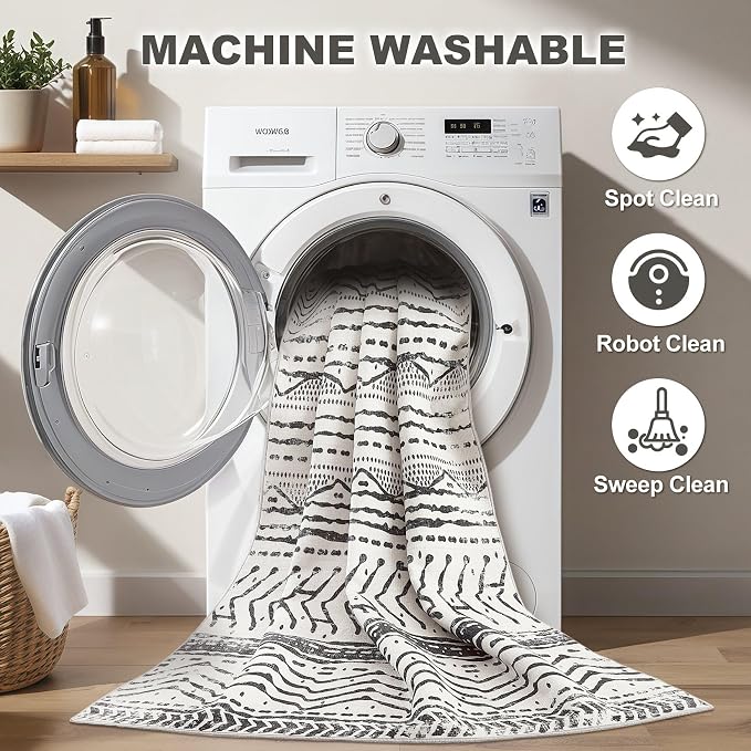 Nakagishi Area Rug Living Room Rugs: 6X9 Machine Washable Boho Large Neutral Farmhouse Stain Resistant Moroccan Indoor Floor Carpet for Bedroom Nursery Dorm Dining Room Home-Ivory Black