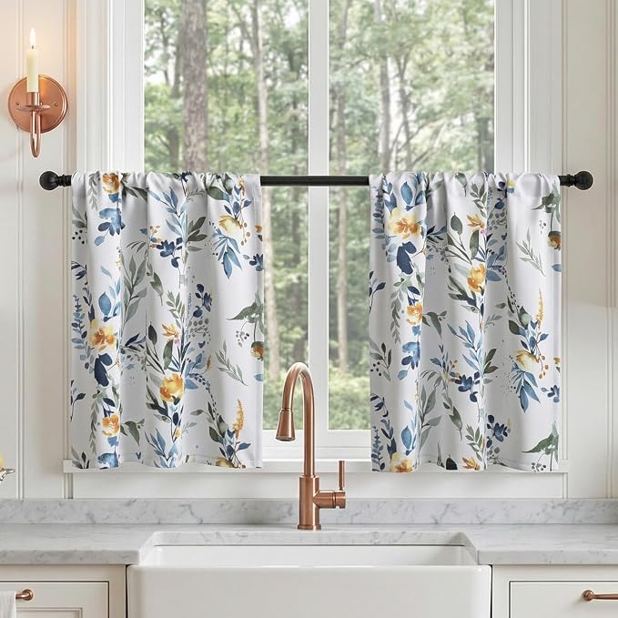 MYSKY HOME Floral Tier Curtains Over Sink 30 Inch Long Set of 2 - Short Blackout Half Window Curtains with Rod Pocket for Kitchen, Cabinet, Basement, Camper, Yellow and Blue, 30 inch Wide