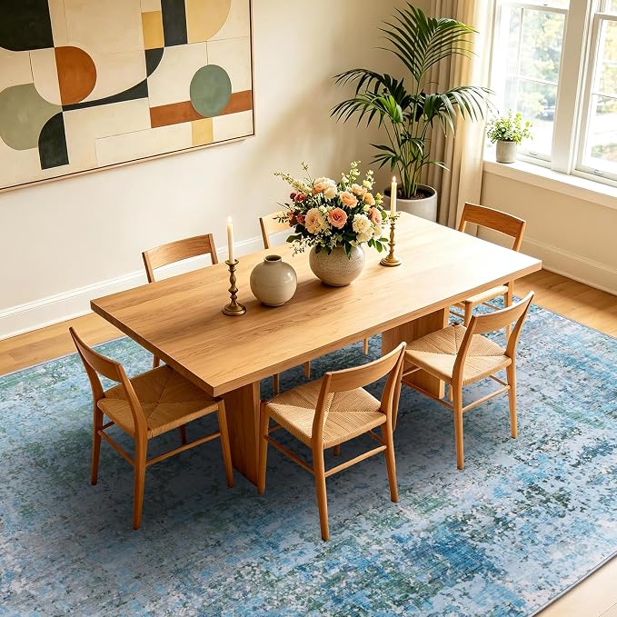 8x10 Area Rugs Living Room Rug Abstract Washable Rug Non-Slip Soft Low Pile Indoor Floor Stain Resistant Thin Carpet for Bedroom Dining Room Home Office Farmhouse Nursery - Dusty Blue & Cream 8' x 10'