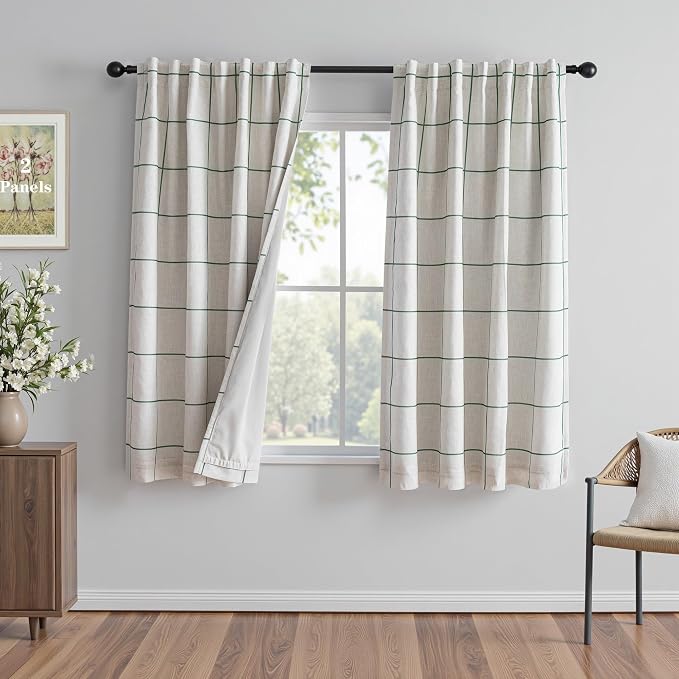 MYSKY HOME 100% Blackout Plaid Linen Curtains 63 Inches Long Double Layer Farmhouse Thermal Insulated Checkered Print Drapes with Rod Pocket Back Tab for Bedroom Living Room, 2 Panels, 52"Wide, Green
