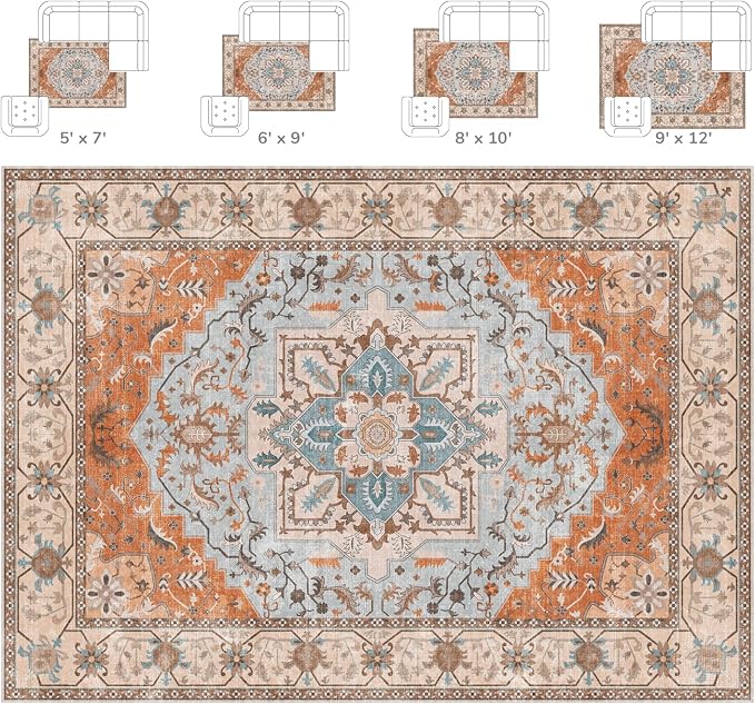 Lessymo 8 x 10 Area Rugs for Living Room, Machine Washable Area Rugs Boho Faux Wool Low Pile Area Rug for Bedroom Floral Medallion Vintage Rugs with Non-Slip Rubber, Kid & Pet Friendly, Orange Beige