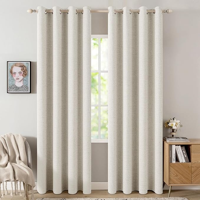MIULEE Linen Texture Curtains for Bedroom Solid 100% Blackout Thermal Insulated Linen Beige Curtains Grommet Room Darkening Drapes for Living Room 52x90 Inch (2 Panels)