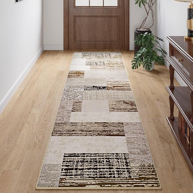 FlyDOIT Modern Geometric Patchwork Area Rug, 2x6 Beige Runner Rugs for Living Room, Rockwood Collection Indoor Rugs for Bedroom, Throw Carpet Floor Decor for Entryway Dining Room Office Nursery