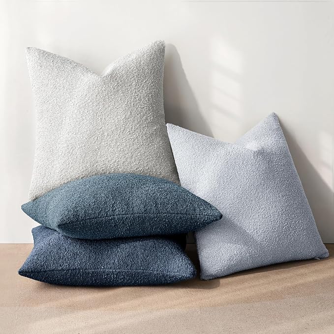 MIULEE Decorative Boucle Throw Pillow Covers 18x18 Inch Blue Set of 4 | Neutral Textured Accent Pillow Cases Soft Couch Cushion Covers for Modern Farmhouse Boho Sofa Bed Livingroom Home Decor