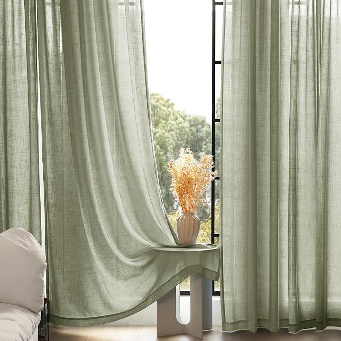 Linen Blend Sage Green Curtains 108 inch Length 2 Panels for Bedroom Back Tab Light Filtering Semi Sheer Drapes Linen Cotton Textured Light Green Airy Modern Farmhouse Living Room Sage Aesthetic Decor