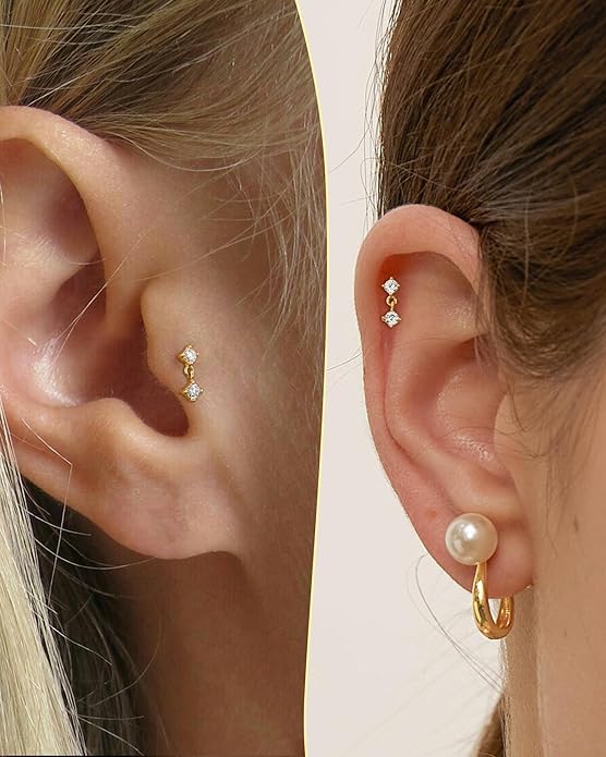 COCHARM 14K Gold Helix Cartilage Tragus Earring Stud Flat Back16g Real Gold Conch Helix Tragus Piercing Jewelry Dangle 14Kt Lip Labret Stud Internally Threaded