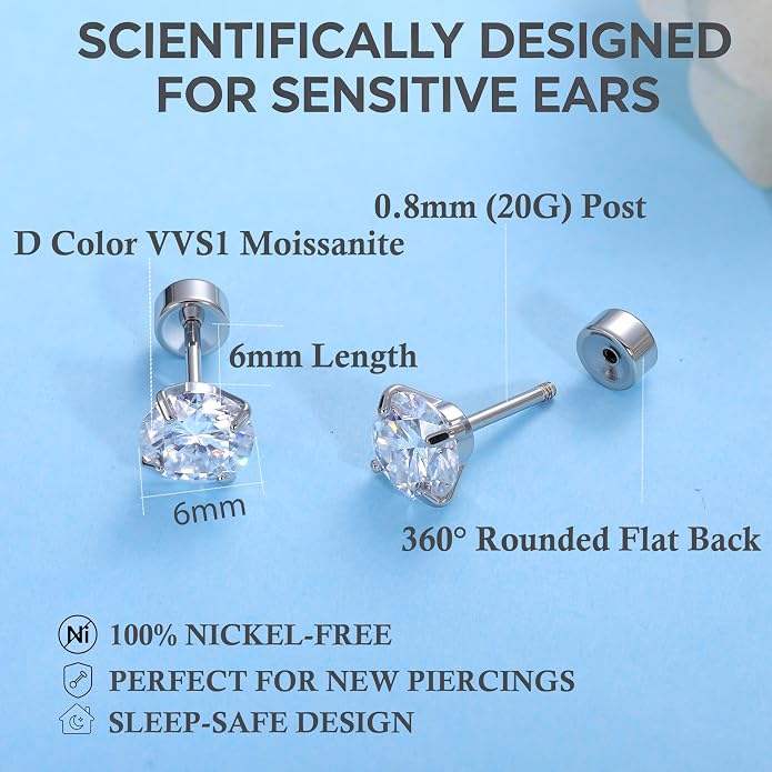 Moissanite Flat Back Earrings for Sensitive Ears | Implant Grade F136 Titanium Studs for Women Men | 18K White Gold Plated Hypoallergenic Sleep In Cartilage Lobe Piercing Jewelry, D Color VVS1 (3mm 4mm 5mm)