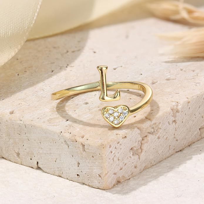 MILACOLATO 925 Sterling Silver Initial Rings for Women Teen Girl 18K Gold Plated Heart Initial Rings Adjustable Capital Letter Ring Stackable Thumb Pinky Rings for Daughter Birthday Bridesmaid Gifts Jewelry, A to Z