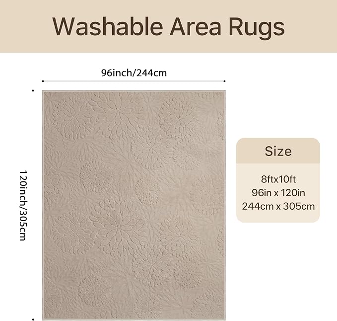 GENIMO Soft Washable Area Rugs 8x10, 3D Modern Floral Rugs for Living Room, High-Low Pile Textured Non Slip Fuzzy Shag Carpet, Non-Shedding Stain Resistant Light Brown Rugs for Bedroom, Dining Room