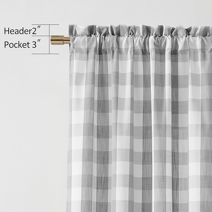 Buffalo Plaid Checkered Grey White Window Curtain Panels 84 Inches Length,Semi Sheer Drapes,Gingham Rod Pocket Window Treatment for Bedroom Living Room,2 Panels,40"x84",Gray | Semi Sheer Drapes,Gingham Rod Pocket Window Treatment for Bedroom Living Roo...