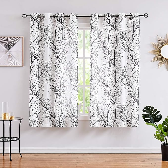 FMFUNCTEX Linen Black White Semi Sheer Print Curtains 45 Inch Long 2 Panels | Short Sheer Branch Patterned Drapes, Light Filtering Grommet Panels for Kitchen, Bathroom, Cafe Windows and Farmhouse Curtain