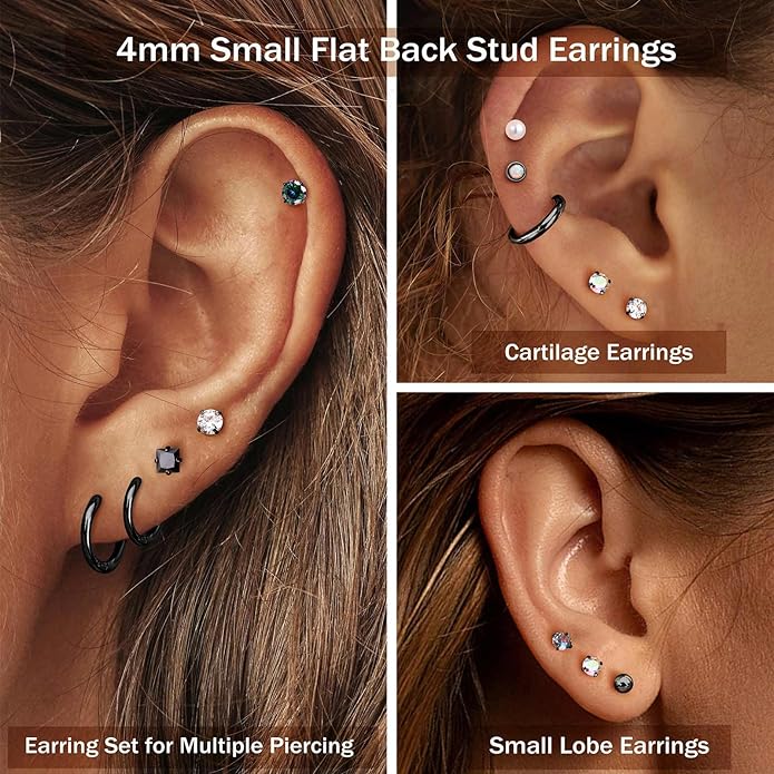 Jstyle Hypoallergenic Flat Back Stud Earrings for Women Men Surgical Stainless Steel Earrings for Sensitive Ears Small Stud Hoop Silver Gold Black Earrings Cartilage Earring Set for Multiple Piercing