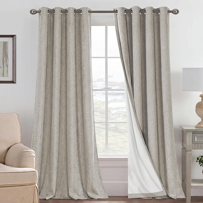 H.VERSAILTEX Blackout Curtains Linen Curtains 120 inches Long 100% Black Out Curtains for Bedroom Windows, Textured Linen Look Draperies Grommet with White Liner, 2 Panels, Stone