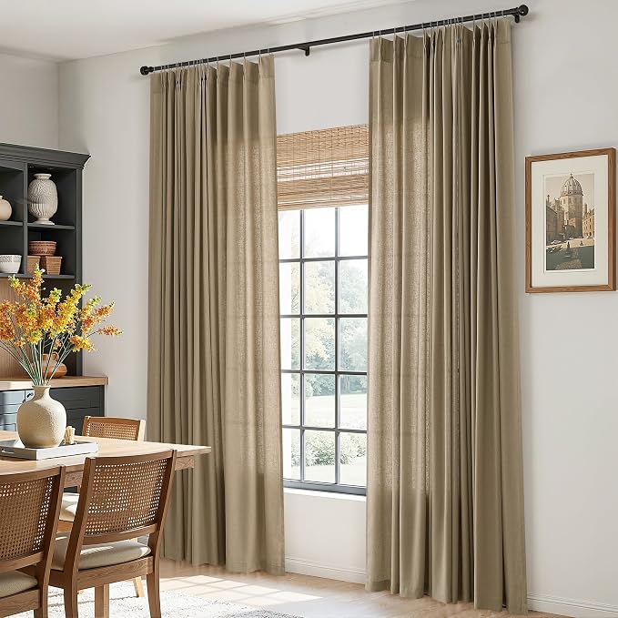 Aersas Linen Brown Pinch Pleated Linen Curtains 96 Inch Length 2 Panels for Living Room Bedroom Semi Sheer Window Curtain Boho Neutral Back Tab Pinch Pleat Drape with Hooks 40x96