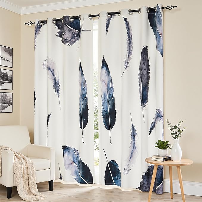 SUBRTEX Boho Leaf Printed Curtains 84 inch Long 2 Panels, Room Darkening Vibrant Floral Drapes, 50% Blackout Light Flitering Semi Sheer Farmhouse Curtains for Living Room, 52Wx84L, Dusty Blue Feather